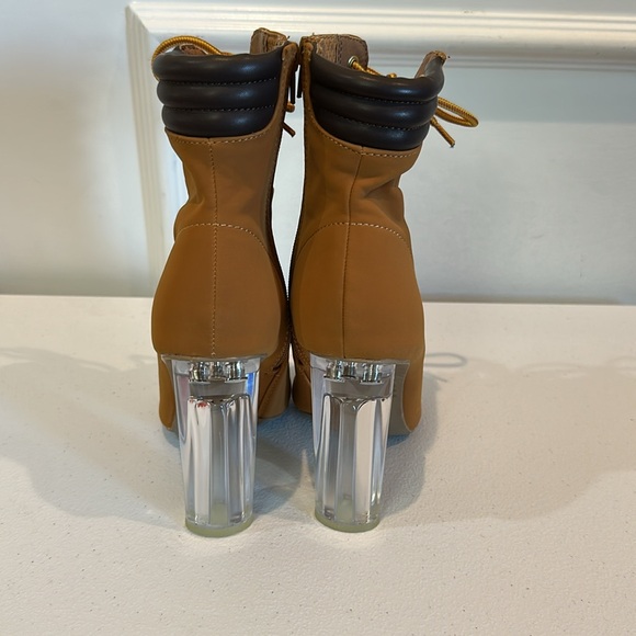 Brown lace up open toe booties with clear heel - Picture 2 of 4